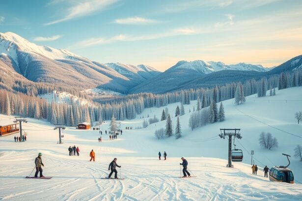 Síelő emberek a hóval borított hegyoldalon Magyarországon