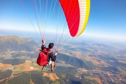 Siklóernyős repülés festői tájon, színes ernyővel.