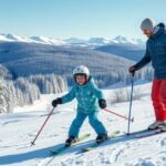 Gyerekek síoktatás közben havas hegycsúcson