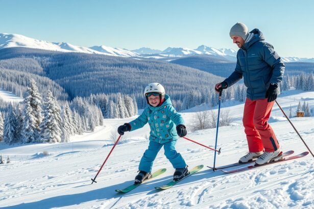 Gyerekek síoktatás közben havas hegycsúcson