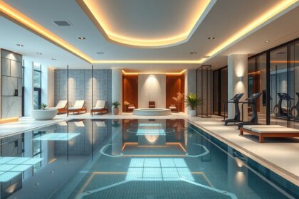 Modern wellness központ medencével és pihenőterülettel