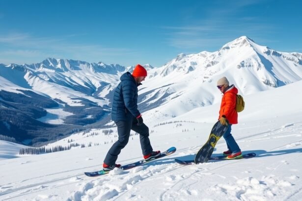 Két snowboardos a havas hegyekben, oktatás alatt.