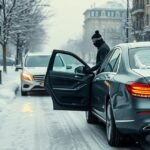 Sofőrszolgálat télen, hóval borított utcán, autók és kamerás személy