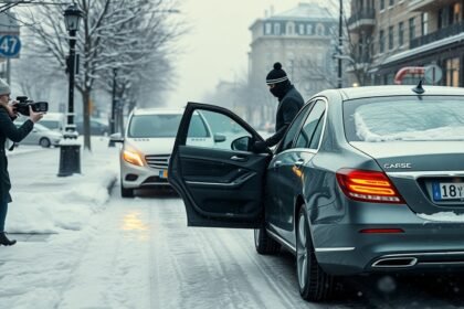 Sofőrszolgálat télen, hóval borított utcán, autók és kamerás személy