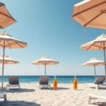 Napernyők és napozóágyak a strandon 2026-ban, békés nyaralás