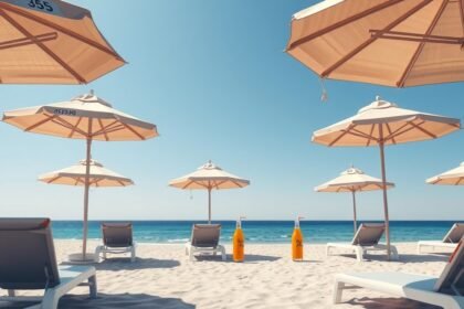 Napernyők és napozóágyak a strandon 2026-ban, békés nyaralás