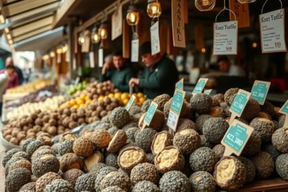 Szarvasgombák és gyümölcsök egy piacon Magyarországon