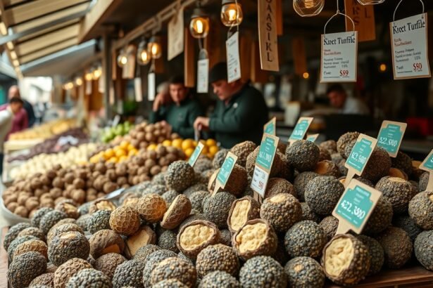 Szarvasgombák és gyümölcsök egy piacon Magyarországon