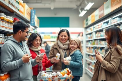 Család vitaminvásárlása a boltban télen, költségcsökkentési tippekkel.