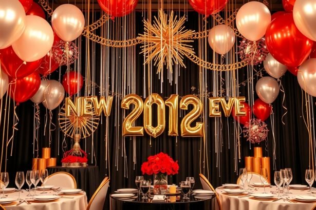 Szilveszteri dekoráció piros és ezüst lufikkal, fényfüzérekkel és ünnepi asztallal.