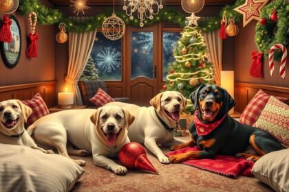 Kutyák szilveszteri panzióban ünnepi díszítés mellett.