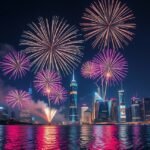 Szilveszteri tűzijáték élénk színekben egy városi háttér előtt