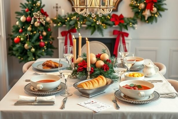 Ünnepi asztal megterítése ételekkel és dekorral az ünnepi szezonra.