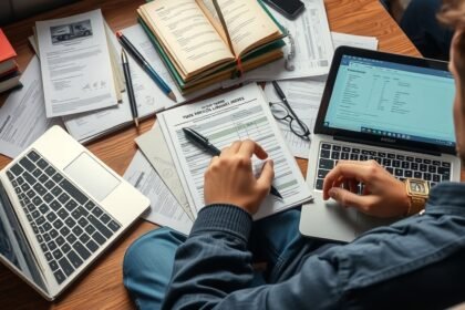 Tanulás teherautó jogosítványhoz, dokumentumok és laptop a téren.