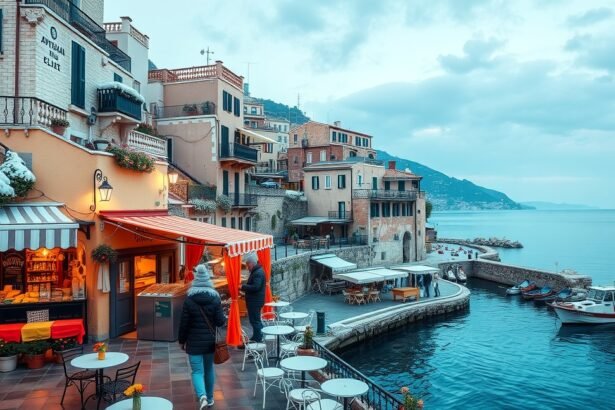 Mediterrán tengerparti város látképe, hóval borított házakkal.