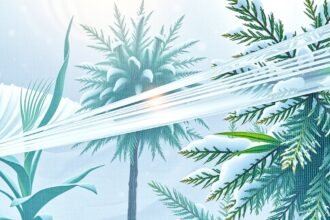 Télelő fólia zöld növények között, téli tájban.