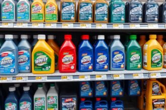 Téli ablakmosó folyadékok a bolt polcán, különböző márkákkal és árakkal.