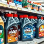 Téli ablaktisztító folyadékok polcon, különböző márkák és kiszerelések.