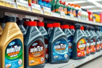 Téli ablaktisztító folyadékok polcon, különböző márkák és kiszerelések.