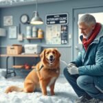 Állatorvosi rendelőben várakozó kutyus és gazdája télen.