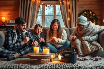 Család téli áramkimaradásra való felkészülés közben, gyertyák és rádió mellett.