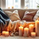 Téli bekuckózás táska takarókkal, párnákkal és gyertyákkal