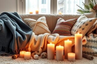 Téli bekuckózás táska takarókkal, párnákkal és gyertyákkal