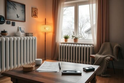 Téli fűtés egy elegáns lakásban, radiátor és kényelmes bútorok