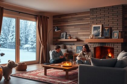 Két ember a téli fűtés korszakában egy meleg otthonban ül.