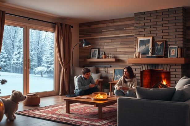 Két ember a téli fűtés korszakában egy meleg otthonban ül.