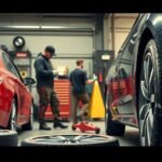 Autószerelő műhelyben téli gumik cseréje