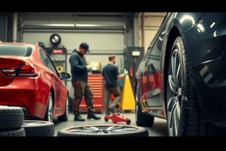 Autószerelő műhelyben téli gumik cseréje