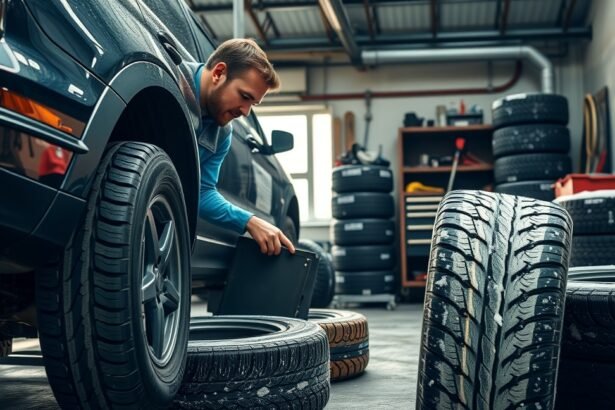 Téli gumik cseréje egy autós műhelyben.