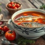 Friss halászlé összetevőkkel, köztük ponty, zöldségek és fűszerek.