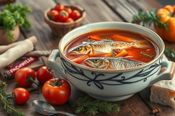 Friss halászlé összetevőkkel, köztük ponty, zöldségek és fűszerek.