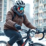 Téli kerékpáros ruházatban tekergőző kerékpáros városi környezetben