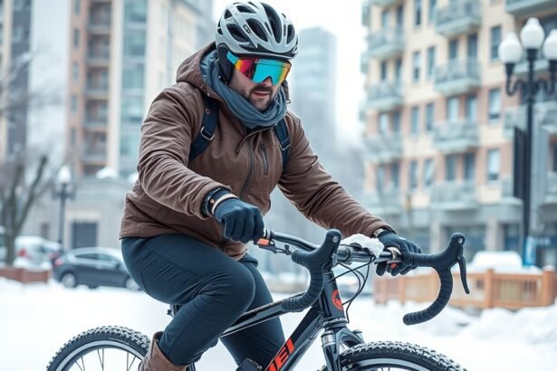 Téli kerékpáros ruházatban tekergőző kerékpáros városi környezetben