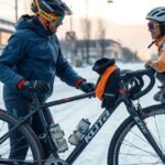 Felnőtt és gyermek téli kerékpározás közben havas úton.