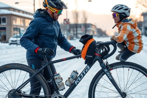 Felnőtt és gyermek téli kerékpározás közben havas úton.