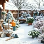 Téli kert különleges növényekkel és eszközökkel a hóban.