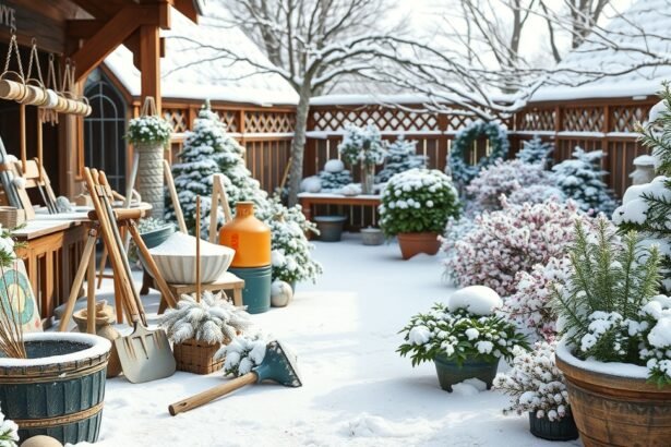 Téli kert különleges növényekkel és eszközökkel a hóban.