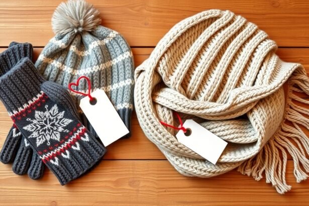 Téli kesztyű, sapka és sál karácsonyi piros és kék mintával.