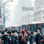 Téli tömegközlekedés buszokkal és utasokkal egy forgalmas megállóban.