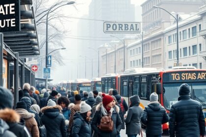 Téli tömegközlekedés buszokkal és utasokkal egy forgalmas megállóban.