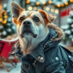 Kutya téli ruhában, karácsonyi dekorációval körülvéve.