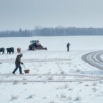 Téli mezőgazdasági tevékenység hóban, traktorral és állatokkal