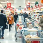 Kép egy bolt belső teréről, ahol vásárlók téli nagybevásárlást végeznek.