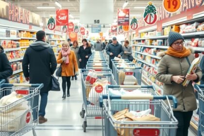 Kép egy bolt belső teréről, ahol vásárlók téli nagybevásárlást végeznek.