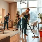 Professzionális takarítók ünnepi nagytakarítást végeznek egy otthonban.