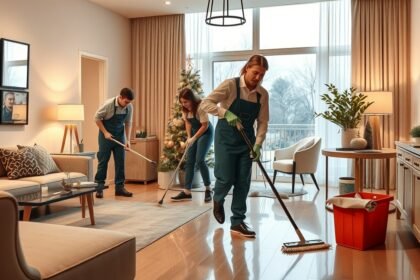 Professzionális takarítók ünnepi nagytakarítást végeznek egy otthonban.